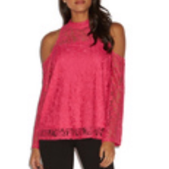 Tops - Pink Lace Open Shoulder Shirt